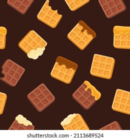 Waffles Seamless Pattern on Chocolate Background. Vector