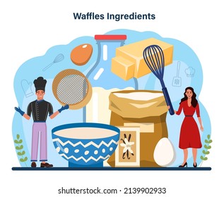 Waffles. Sweet Belgian pastries with cream topping and fruits. Fast food sweets for breakfast. Flat vector illustration