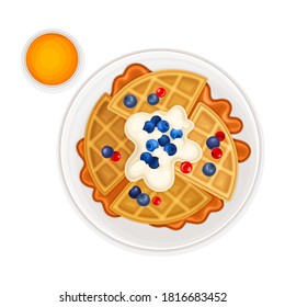 Waffles with Textured Surface and Berries Above View Vector Illustration