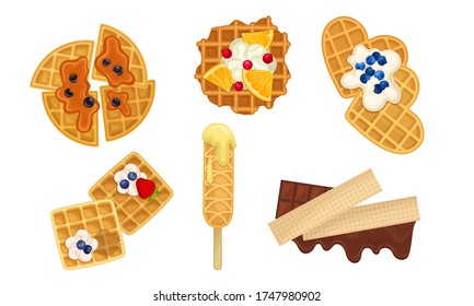 Waffles with Textured Surface and Sweet Creamy and Caramel Topping with Berries Vector Set