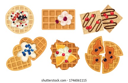 Waffles with Textured Surface and Sweet Topping with Berries and Whipped Cream Vector Set