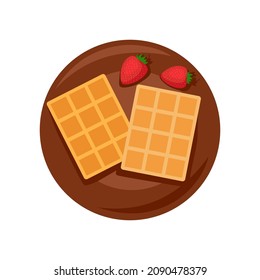 Waffles. Two mouth-watering waffles on a brown plate with strawberries, an Austrian breakfast. Icon for website, holiday app, baking, bakery, food delivery. Vector flat-panel illustration, cartoon.