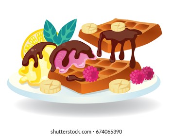 waffles,  vector illustration ,chocolate ,  ice cream , banana, raspberry , mint