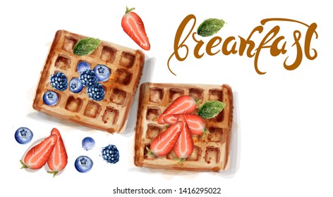 Waffles Vector Watercolor. Strawberry And Blueberry Topping