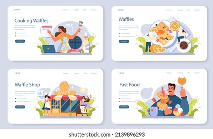 Banner web de Waffles o página de inicio. Pasteles belgas dulces con crema y fruta. Pasteles de comida rápida para el desayuno. Ilustración vectorial plana