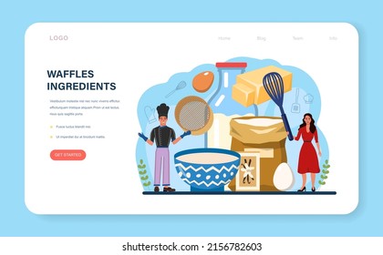 Waffles web banner or landing page. Sweet Belgian pastries with cream topping and fruits. Fast food sweets for breakfast. Flat vector illustration