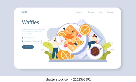 Waffles web banner or landing page. Sweet Belgian pastries with cream topping and fruits. Fast food sweets for breakfast. Flat vector illustration