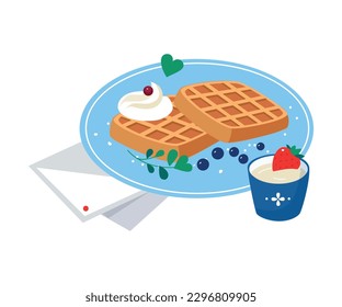 Waffles with Whipped Cream and Berry on Plate as Tasty Breakfast or Brunch with Typical Food Vector Illustration
