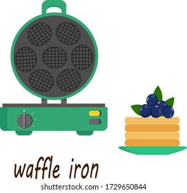 De waffles-hierro y gofres. Ilustración vectorial en un fondo blanco. Ilustración con texto para logotipo, iconos.