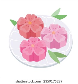Wagashi mochi. Japan traditional pastry wagashi served on plate. Vector cartoon illustration isolated on white