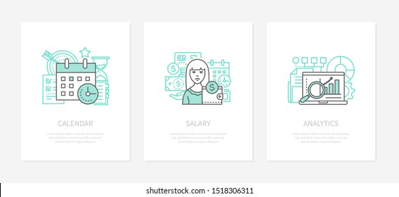 Wage calculation - line design style icons set. Calendar, salary, analytics linear banners with text space. Financial management infographic web elements. Investment, banking and billing analysis