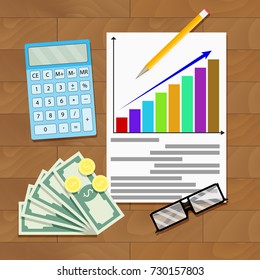 Wage increase overhead view. Salary statistics chart. Vector salary increase color diagram, growth minimum wage, compensation and payment income illustration