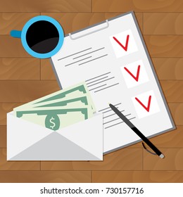 Wage Planning To Spend. Banknote and checklist, plan salary. Vector illustration