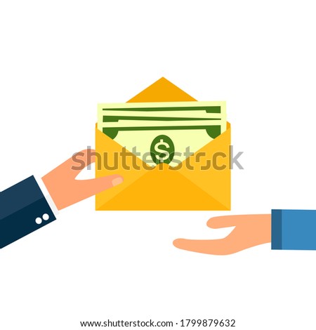 Wages in envelope. Salary payment in flat design. Boss pay salary to employee concept vector illustration on white background. Receive corruption money.