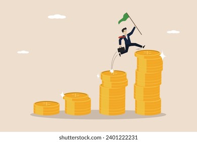 Wages, income or salary increase, investment profits increase, successful businessman investor climbs the pile of low dollar money to a higher one.