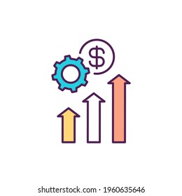 Icono de color RGB de salarios y productividad laboral. Alto pago. Crecimiento de las compensaciones por hora. Impulsar la productividad de los empleados. Salario de eficiencia. Pagando por el rendimiento del trabajo. Ilustración vectorial aislada