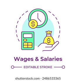 Wages and salaries multi color concept icon. Payment practice, work hours. Compensation calculation. Round shape line illustration. Abstract idea. Graphic design. Easy to use in infographic