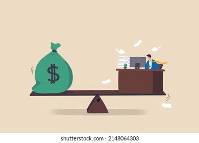 Wages, salary or income, work hard for money or incentive motivate to work overtime, overworked and life balance concept, businessman working hard on busy desk seesaw balance with wages money bag.