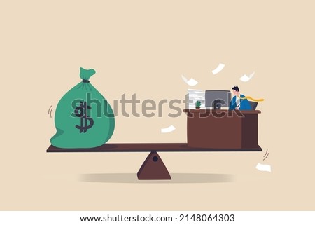 Wages, salary or income, work hard for money or incentive motivate to work overtime, overworked and life balance concept, businessman working hard on busy desk seesaw balance with wages money bag.