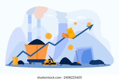 Vagón con ilustración vectorial de carbón negro con mina y planta en el fondo. Flecha con dinero que muestra el crecimiento de la minería y la industria del metal.