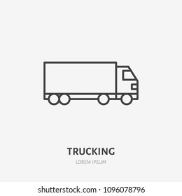 Waggon delivery flat line icon. Truck sign. Thin linear logo for cargo trucking, freight services.