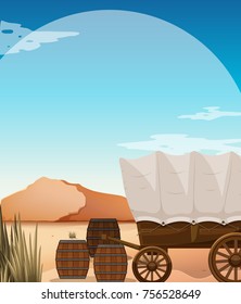 Wagon and barrels in desert field illustration