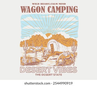 Wagon camping artwork design for sticker, poster, background, fashion and others. Cactus tree with flower vector design. Desert adventure art. Arizona vintage print design for t shirt.