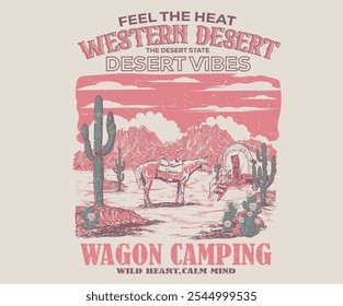 Design de arte de camping de vagão para adesivo, pôster, fundo, moda e outros.  Desert aventura arte. Arizona projeto de impressão vintage para t-shirt. Árvore de cacto com design de vetor de flor.