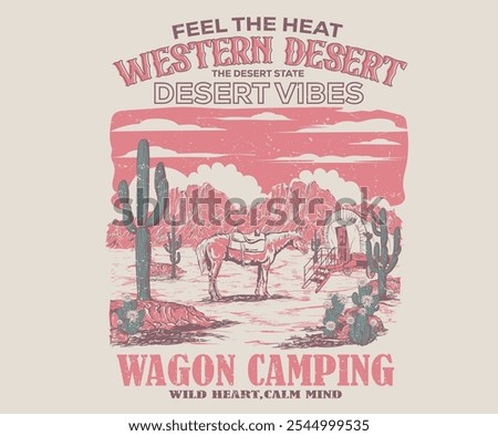 Wagon camping artwork design for sticker, poster, background, fashion and others.  Desert adventure art. Arizona vintage print design for t shirt. Cactus tree with flower vector design.