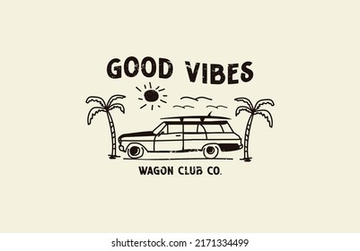 Wagon Car Beach Stamp Distress Vintage Graphic