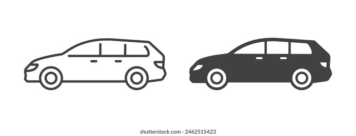 Wagon car icons in line and solid styles, flat vector pictograms. Black and white representations ideal for family travel and utility