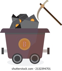 The wagon is filled with mined material and gold. A concept of mining  