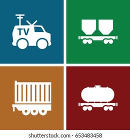 Wagon icons set. set of 4 wagon filled icons such as cargo wagon, cargo trailer