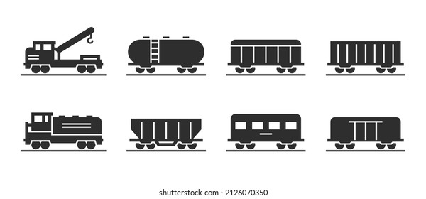 wagon and locomotive icons. train, repair train and railway freight cars. isolated vector images