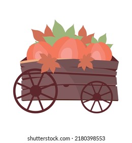 Wagon with pumpkins and red leaves semi flat color vector object. Autumn fair. Full sized item on white. Market simple cartoon style illustration for web graphic design and animation