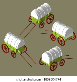 Wagon of settlers of the Wild West of America. Isometry in different angles. Wooden wheels, white canvas top. Without a horse.