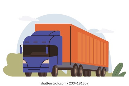 Un vagón con remolque para transportar mercancías por todo el mundo. Vehículo de transporte y envío. Entrega de paquetes por transporte. Camión postal de carga para logística, distribución al por menor, envío