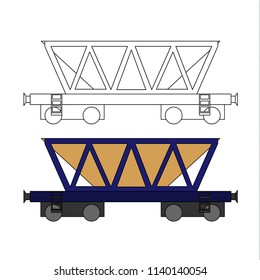 Wagon Train Freight For Bulk Materials. Hopper. Coloring, Side View With Simplified Details, Next To The Same Pattern In Color.