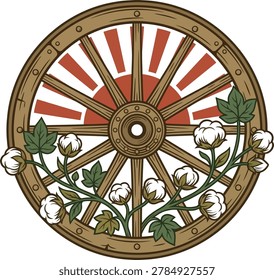 Wagon wheel with cotton bolls and a stylized sunburst cotton boll white background sunburst agriculture american illustration countryside industry traditional stylized