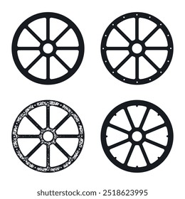 Juego de ruedas de carro. Pictograma de Vector aislado, icono de Web, silueta de corte de la rueda de Carrito de madera.