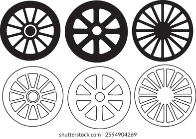 Wagon wheel silhouette icon bundle on white background