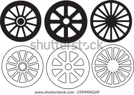 Wagon wheel silhouette icon bundle on white background