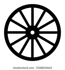 Wagon wheel vector icon. Carriage wheel symbol for transportation, vintage vehicles, and historical design. Black silhouette isolated on white background.