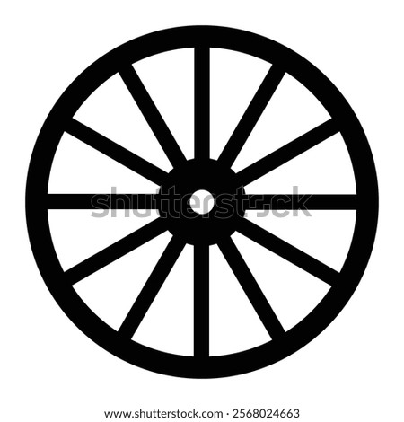 Wagon wheel vector icon. Carriage wheel symbol for transportation, vintage vehicles, and historical design. Black silhouette isolated on white background.