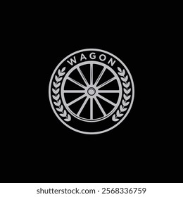 wagon wheel with the word 'WAGON' above it, encircled by a laurel wreath, set against a black background