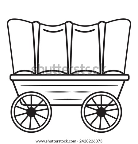 Wagon wild west.Pioneer covered wagon. Wood covered wagon.Freight moving carriage.Doodle sketch style. Outline vector illustration.