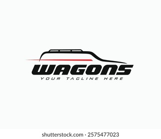 Wagons car abstract silhouette line logo. Station wagon car with roof rack modern logo, poster, banner print