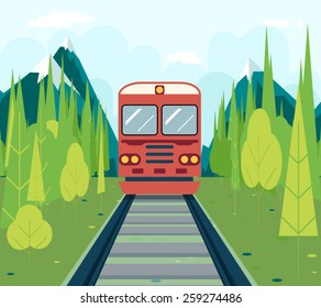 Wagons In Forest Tourism and Journey Symbol Railroad Train Travel Concept on Stylish Mountain Sky Background Flat Design Vector Illustration