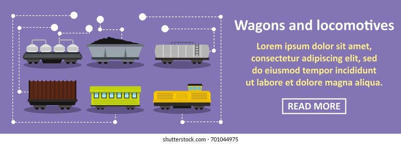 Wagons and locomotives banner horizontal concept. Flat illustration of wagons and locomotives banner horizontal vector concept for web