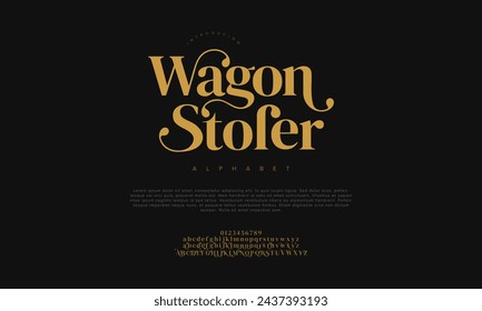 Letras y números del alfabeto romadhon de lujo Wagonstoler. Elegante tipografía de boda islámica ramadán serif fuente decorativa vintage retro. Ilustración vectorial creativa